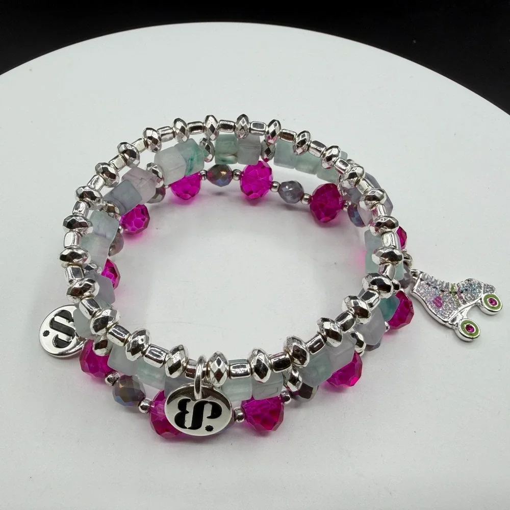 3 Pc Stretch Bracelet Set Pink Crystal Fluorite Beads Roller Skate Charm Boho